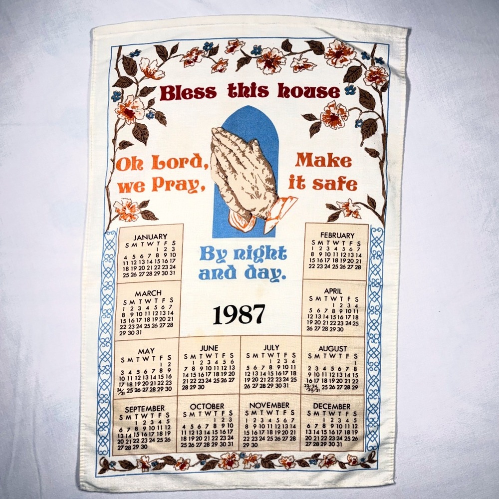 Vintage 1987 Bless This House Praying Hands Calendar Tea Towel Nostalgia USED